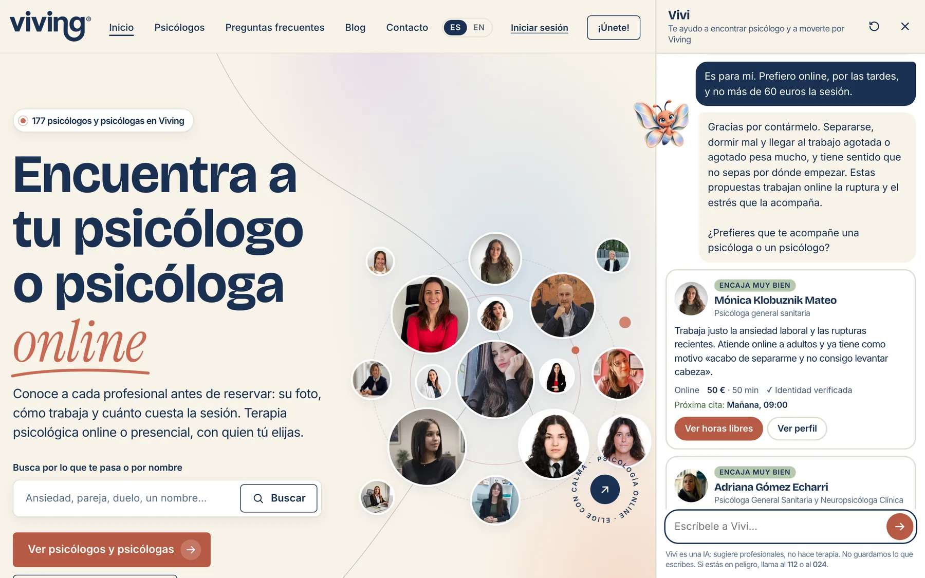 viving.es con el panel de Vivi abierto: la paciente cuenta lo que le pasa y Vivi le propone psicólogas con el motivo y la próxima cita