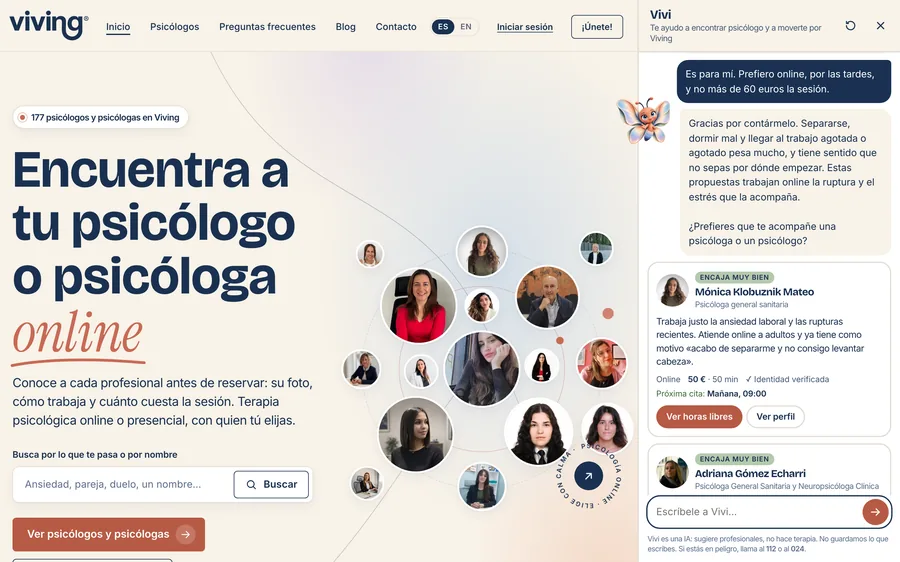 viving.es con el panel de Vivi abierto