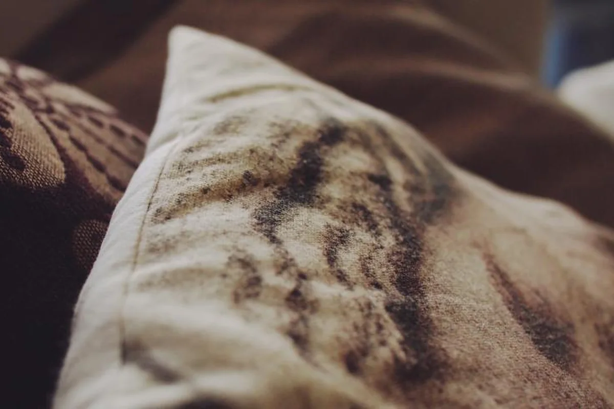 Almohada de tela clara con un estampado marrón sobre un sofá en penumbra