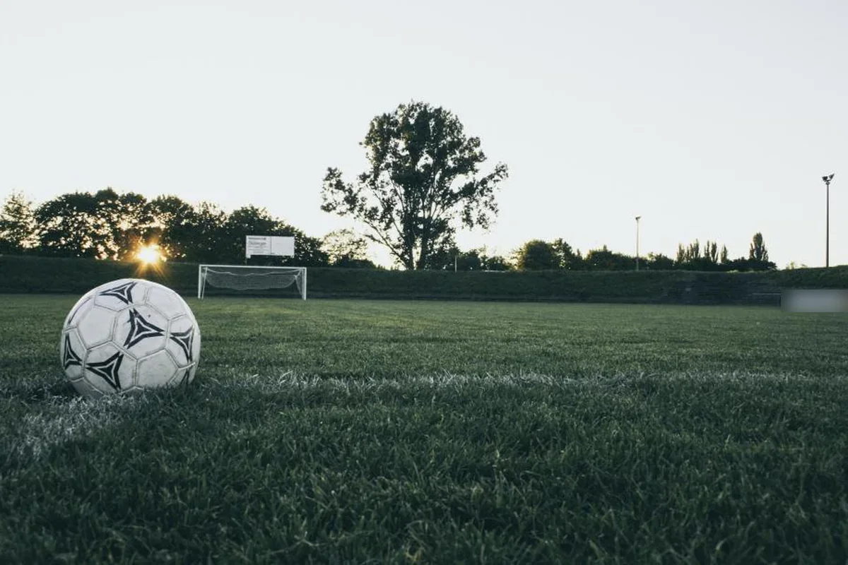Balón de fútbol blanco y negro sobre el césped de un campo vacío, con una portería y un árbol al fondo al atardecer