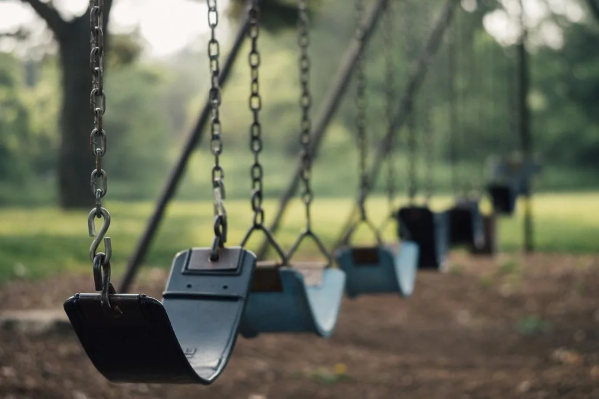 Una fila de columpios vacíos colgados de cadenas en un parque con árboles al fondo