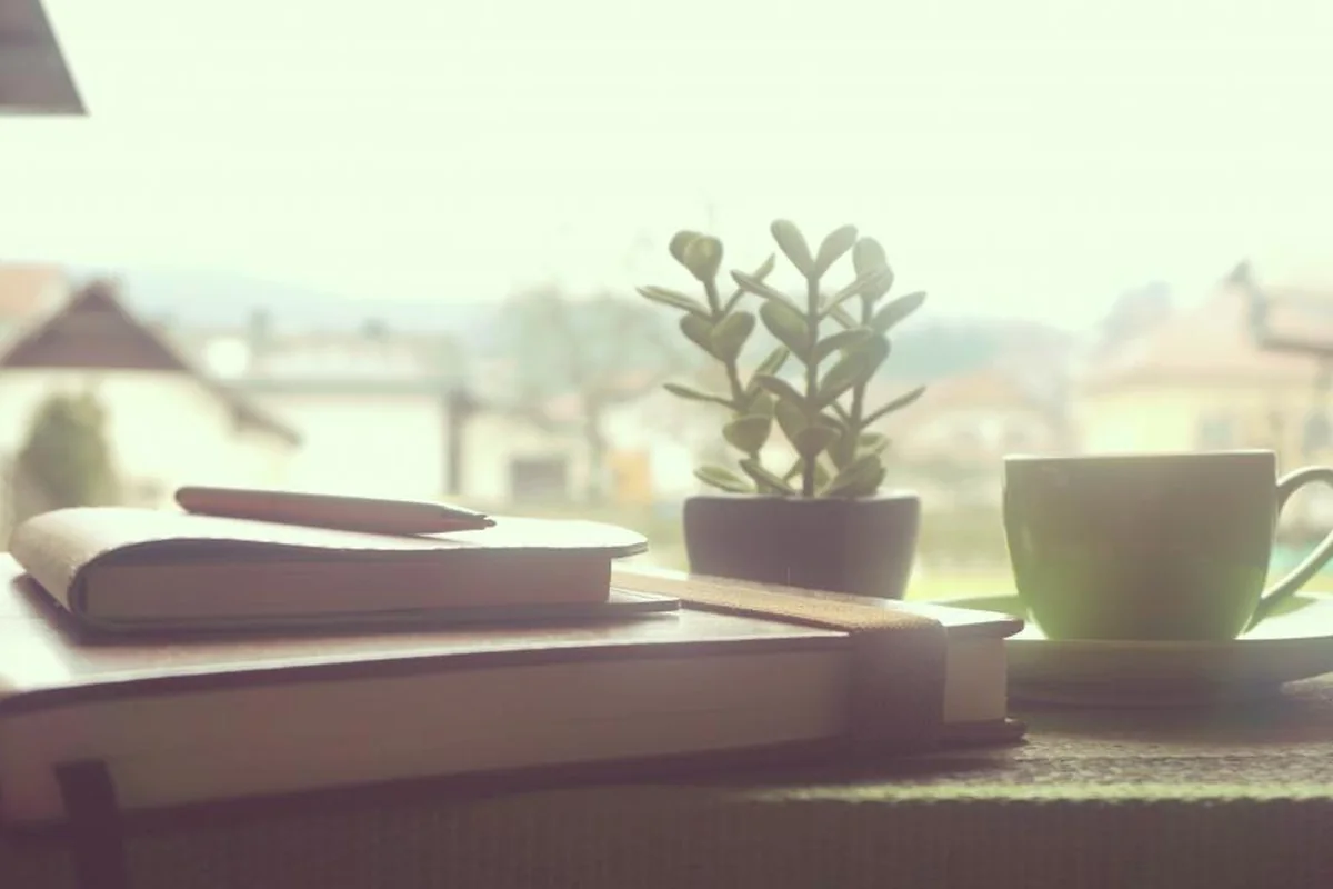 Cuaderno con un lápiz, una pequeña planta y una taza en el alféizar de una ventana con vistas desenfocadas
