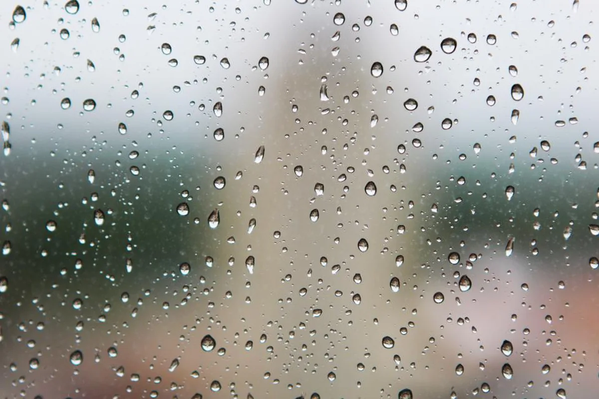 Gotas de lluvia sobre el cristal de una ventana con un paisaje verde y gris difuminado al fondo