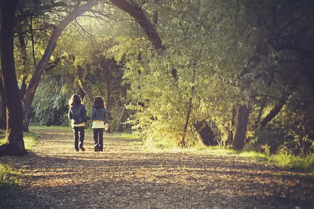 Dos personas caminando de espaldas por un sendero entre árboles