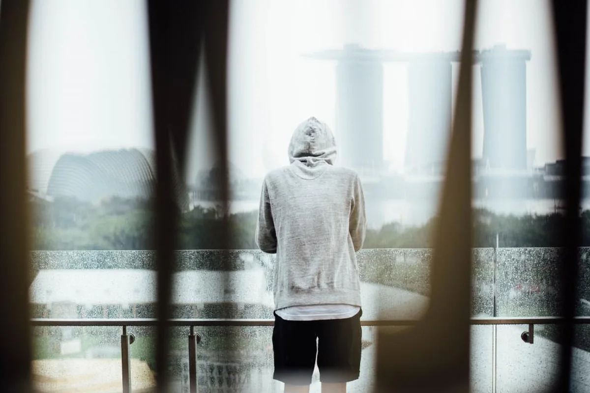 Joven con sudadera gris y capucha, de espaldas, mirando la ciudad desde un balcón acristalado entre dos cortinas