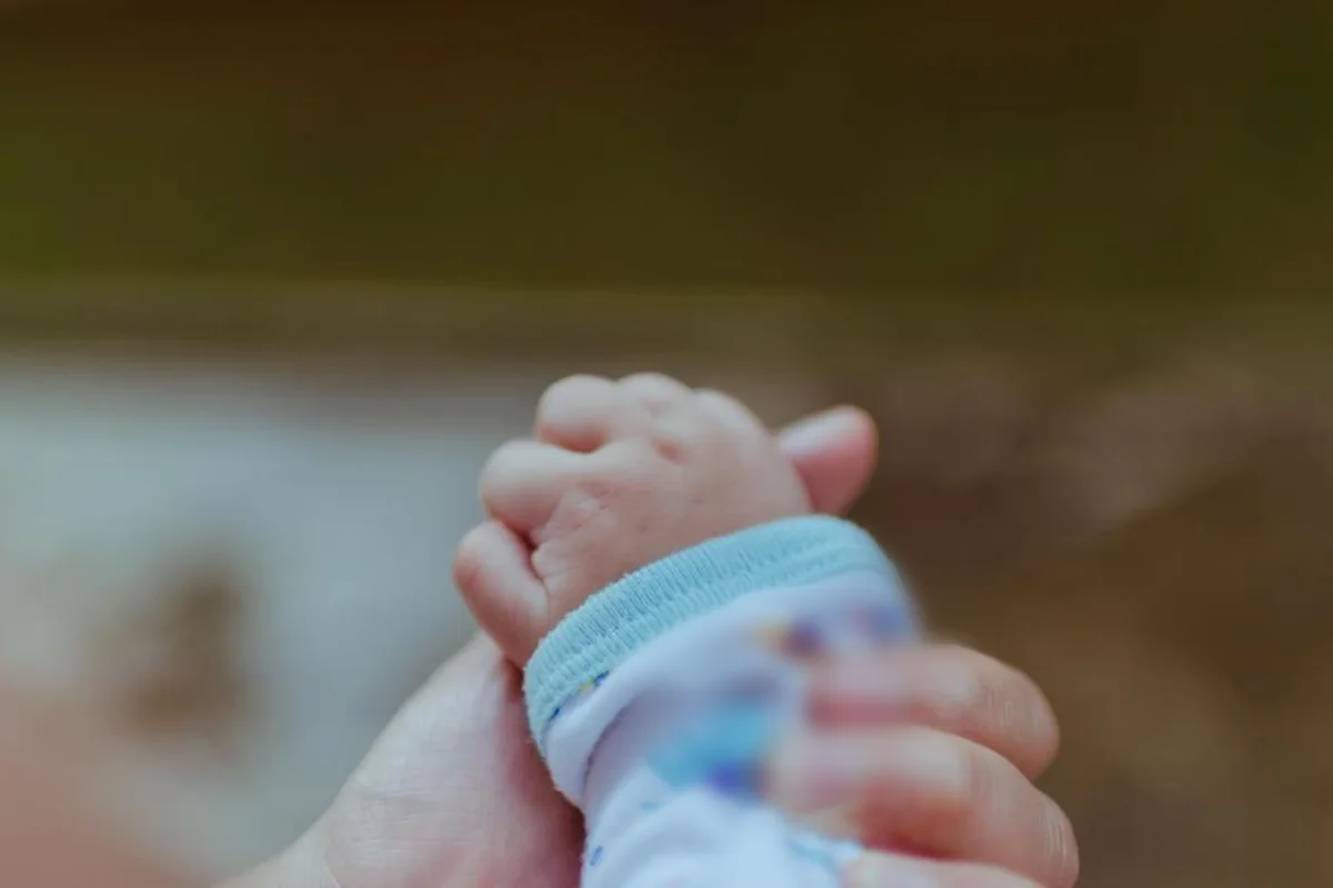 Primer plano de la mano de un bebé agarrada a la mano de un adulto, con fondo desenfocado