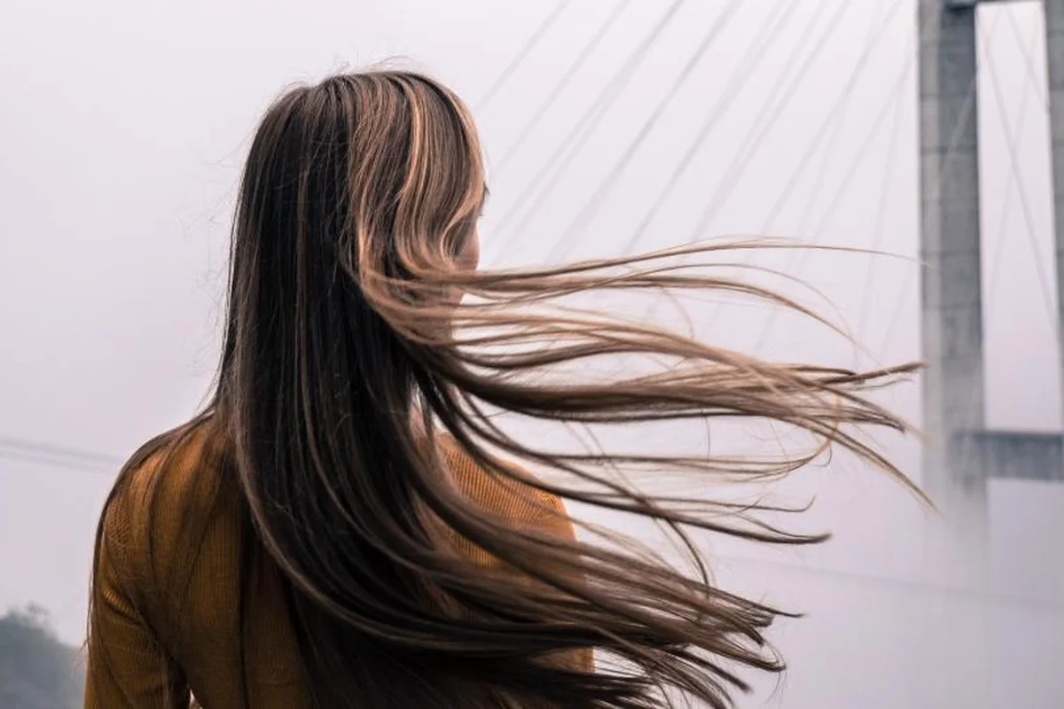 Una mujer de espaldas con la melena larga y castaña movida por el viento, frente a un fondo claro y neblinoso