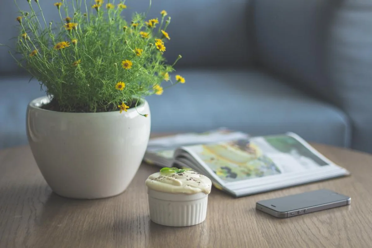 Un teléfono móvil sobre una mesa de madera junto a una maceta blanca con flores amarillas, una revista abierta y un postre, con un sofá azul desenfocado al fondo