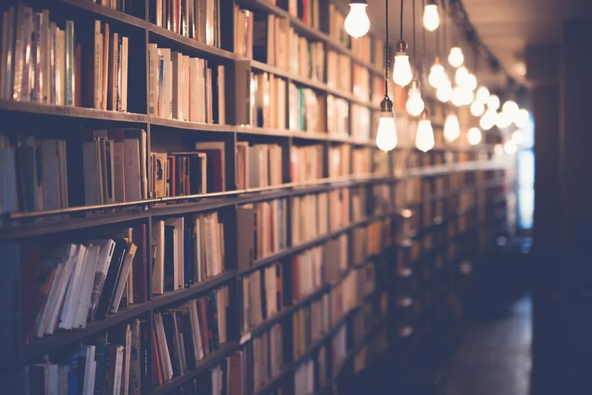 Pasillo largo de una biblioteca con estanterías de madera llenas de libros e iluminado por bombillas que cuelgan del techo