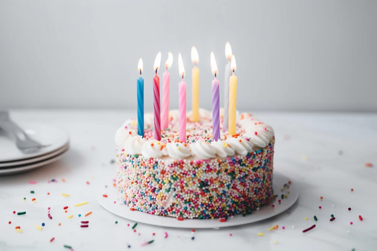 Tarta de cumpleaños cubierta de virutas de colores con ocho velas encendidas sobre una mesa blanca, junto a unos platos apilados