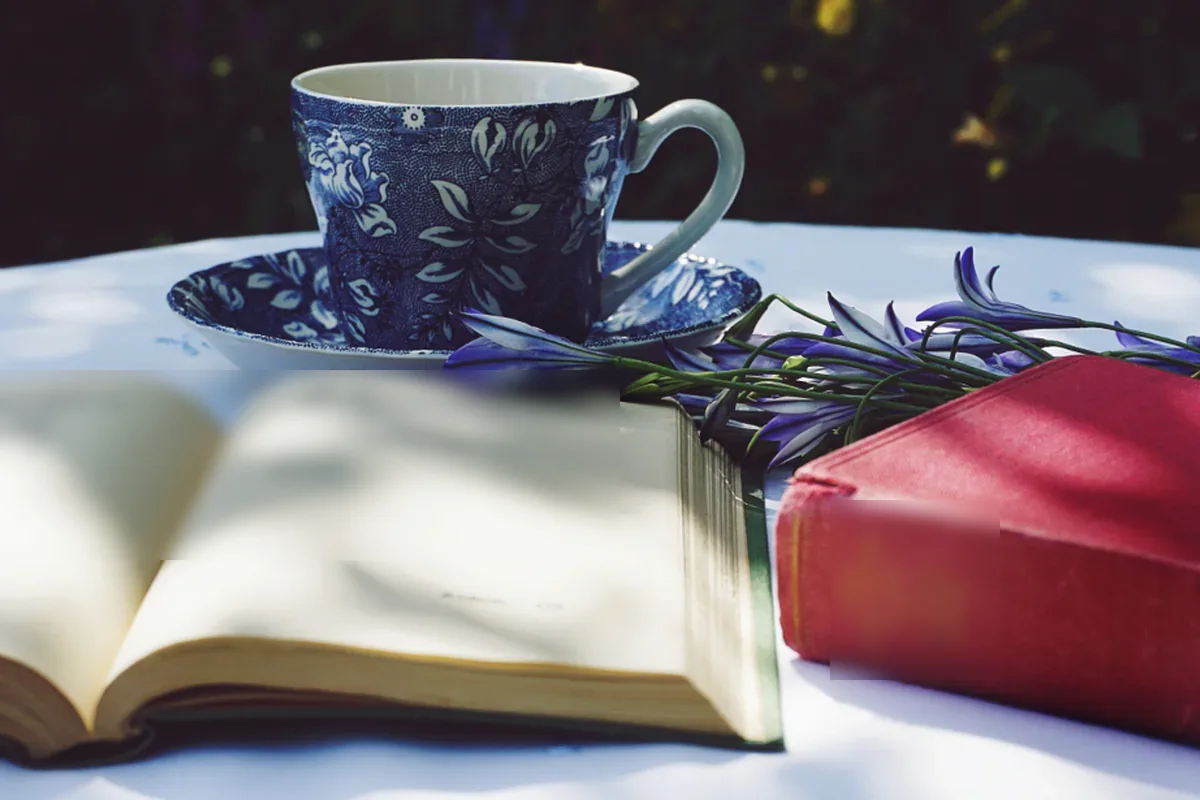 Una taza azul con estampado de flores sobre su plato, un libro abierto, un libro rojo cerrado y unas flores moradas sobre una mesa al sol