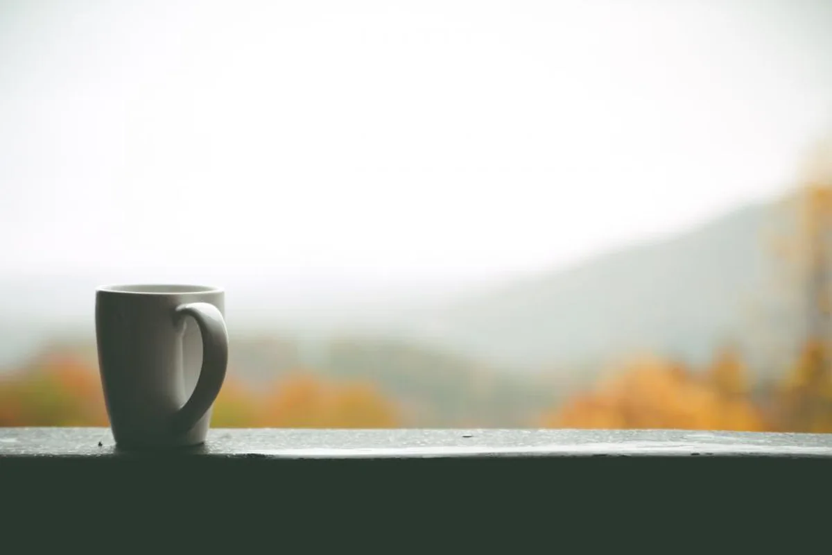 Taza blanca apoyada en una repisa oscura frente a un paisaje de montaña con niebla y árboles otoñales desenfocados