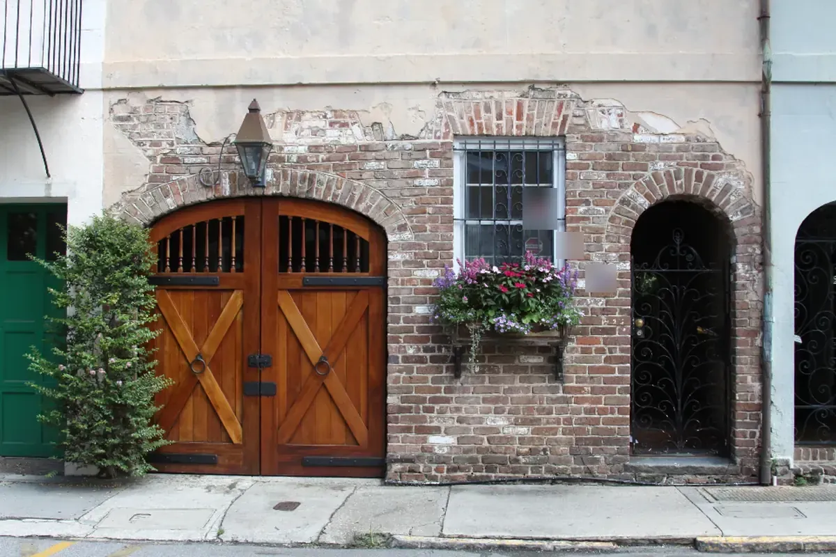 Fachada de ladrillo con una puerta verde, un portón de madera en arco y una puerta de hierro forjado, con una jardinera de flores bajo la ventana
